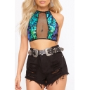 Sexy Sequined Sheer Fishnet Front Halter Neck Sleeveless Cropped Cami Tee