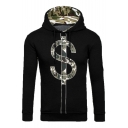 Letter Pattern Camouflaged Padded Long Sleeve Pullover Hoodie