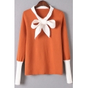 New Stylish Bow Tie Front Color Block V-Neck Long Sleeve Pullover Sweater