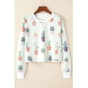Fashionable Cactus Print Long Sleeve Round Neck Cropped Pullover Sweatshirt