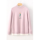 Cartoon Embroidered Mock Neck Long Sleeve Pullover Sweater