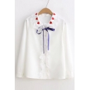 Chic Heart Embroidered Lapel Lace Tassel Hem Long Sleeve Buttons Down Shirt