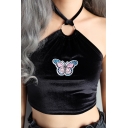 Butterfly Patchwork Halter Neck Sleeveless Cropped Tee