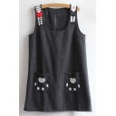 New Fashion Cartoon Cat Embroidered Paw Pocket Detail Sleeveless Tank Mini Dress