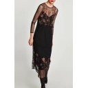 Sexy Sheer Round Neck Long Sleeve Floral Embroidered A-line Dress