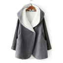 New Stylish Long Sleeve Simple Plain Patchwork Hooded Tunic Coat
