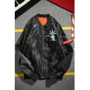 New Stylish Leaf Hand Letter Print Stand-Up Collar Long Sleeve Bomber Jacket