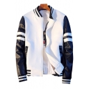 New Stylish Color Block Print Stand-Up Collar Long Sleeve Baseball Jacket