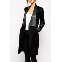 New Fashion Simple Plain Leather Panel Long Sleeve Trench Coat
