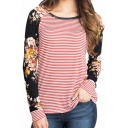 New Fashion Chic Floral Pattern Striped Round Neck Long Sleeve T-Shirt