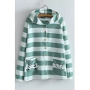 Adorable Striped Design Long Sleeves Cat Embroidered Button-Down Hooded Coat with Pockets