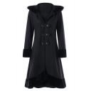 Elegant Faux Fur Hooded Double-Breasted Asymmetric Hem Longline Winter Coat with Attached Lacing on Back