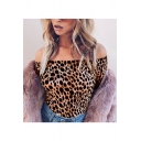 Sexy Leopard Pattern Off The Shoulder Long Sleeve Cropped Tee