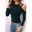 New Stylish Cold Shoulder Long Sleeve Simple Plain Tee
