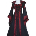 Medieval Bell Sleeves Heart-Neck Contrast Trimmed Witch Hooded Maxi Dress with Attached Lacing