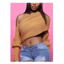 Fashion Plain One Shoulder Long Sleeve Cropped Pullover Sweater