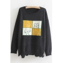 Color Block Cartoon Cat Pattern Long Sleeve Round Neck Pullover Sweater