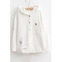 Simple Embroidered Hooded Long Sleeve Buttons Down Windproof Coat