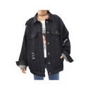 Fashion Embroidery Letter Rainbow Pattern Long Sleeve Ripped Denim Jacket