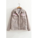 Simple Cartoon Embroidered Lapel Long Sleeve Buttons Down Coat
