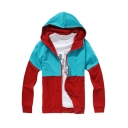 Sportive Color Block Long Sleeves Zippered Hooded Jacket