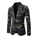 Notched Lapel Long Sleeves Camouflaged Pattern Single Button Blazer with Pockets