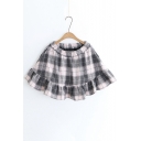 Simple Plaid Ruffle Hem Elastic Waist A-Line Mini Skirt