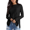 Simple Plain Dipped Hem Split Side Long Sleeve Pullover Sweater