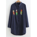 Cartoon Embroidered Striped Lapel Long Sleeve Buttons Down Tunic Shirt