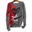 Punk Sweetheart Butterfly Pattern Color Block Boat Neck Long Sleeves Knitted Pullover Sweater