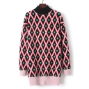 Color Block Heart Diamond Plaid High Neck Long Sleeve Tunic Sweater