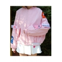 Funny Cartoon Pattern Stand Up Collar Long Sleeve Outdoor Baseball Jacket with Letter Ribbons