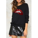 Fancy Sequined Lips Mouth Pattern Round Neck Long Sleeves Pullover Slim-Fit Sweatshirt