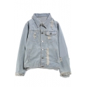 Fashion Retro Ripped Out Lapel Long Sleeve Buttons Down Denim Jacket