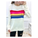 Stylish Color Block Striped Print Round Neck Long Sleeve Pullover Sweater