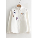 Simple Cactus Embroidered Point Collar Long Sleeves Button Down Shirt with Pocket