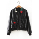 Sweet Cool Point Collar Long Sleeves Cherries Embroidery Biker Zip-up Jacket with Pockets