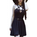 Gothic Star Shaped Strappy Hollow Neck Sleeveless Pleated Mini Slim-Fit A-line Dress