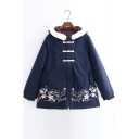 New Floral Embroidery Zippered Long Sleeve Padded Hooded Coat with Pockets