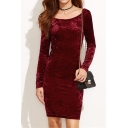 Elegant Boat Neck Draped Back Long Sleeves Slim-Fit Bodycon Mini Velvet Dress