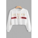 Trendy Letter Striped Ring Pattern Long Sleeves Pullover Cropped Hoodie