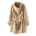 Military Style Single-Breasted Long Sleeves Bow Belted Detachable Collar Trench Coat with Pockets