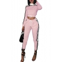 Stylish Contrast Neck Drawstring Waist Cropped Sweatshirt with Elastic Waist Color Block Fit Joggers
