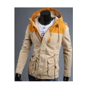 Fashionable Color Block Long Sleeves Hooded Zippered Utility Jacket with Pockets
