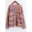 Fashion Color Block Print Long Sleeve Round Neck Pullover Sweater