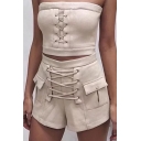 Stylish Attached Straps Detail Front Zip-Back Shorts with Flap-Pockets