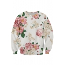 Chic Floral Print Round Neck Long Sleeve Leisure Pullover Sweatshirt