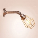 Industrial Wall Sconce in Pipe Style with Metal Cage Shade, Rust
