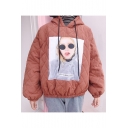 Stylish Portrait Pattern Balloon Sleeves Elastic Waist Hooded Pullover Quilted Coat