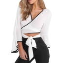 Fashion Contrast Trim Flared Cuff Warp V-Neck Tie Front Cropped Blouse